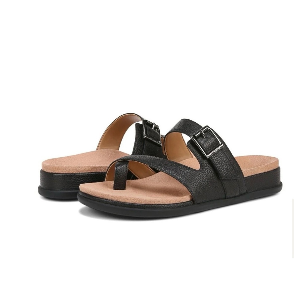 Vionic Carmela Black Leather Toe-Loop Slide Sanda… - image 2